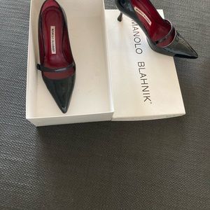 Manolo Blahnik black patent leather MaryJanes with box